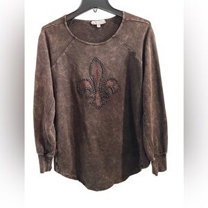 Cover Charge Washed Brown Fleur De Lis Sweatshirt Size L